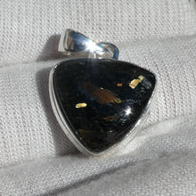Load image into Gallery viewer, Nuummite Pendant | 925 Sterling Silver | Triangle Cabochon | Black with Golden Flecks | Soul Retrieval | Clear emotional entanglements | Genuine Gemstones from Crystal Heart Melbourne Australia since 1986 | nuumite | nummite