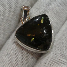 Load image into Gallery viewer, Nuummite Pendant | 925 Sterling Silver | Triangle Cabochon | Black with Golden Flecks | Soul Retrieval | Clear emotional entanglements | Genuine Gemstones from Crystal Heart Melbourne Australia since 1986 | nuumite | nummite