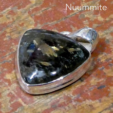 Load image into Gallery viewer, Nuummite Pendant | 925 Sterling Silver | Triangle Cabochon | Black with Golden Flecks | Soul Retrieval | Clear emotional entanglements | Genuine Gemstones from Crystal Heart Melbourne Australia since 1986 | nuumite | nummite