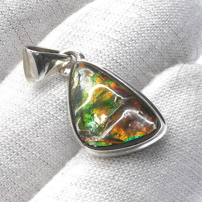 Ammolite Pendant | Freeform Cabochon | Bright Green and Golden Orange Flash | Dragon Scale | 925 Sterling Silver | Opalised Fossil Ammonite | Canadian Gemstone | Genuine Gems from Crystal Heart Melbourne Australia since 1986
