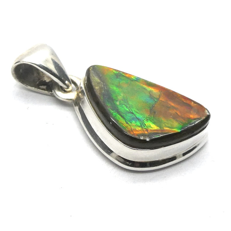 Ammolite Pendant | Freeform Cabochon | Bright Green and Golden Orange Flash | Dragon Scale | 925 Sterling Silver | Opalised Fossil Ammonite | Canadian Gemstone | Genuine Gems from Crystal Heart Melbourne Australia since 1986