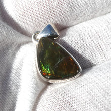 Load image into Gallery viewer, Ammolite Pendant | Freeform Cabochon | Bright Green and Golden Orange Flash | Dragon Scale | 925 Sterling Silver | Opalised Fossil Ammonite | Canadian Gemstone | Genuine Gems from Crystal Heart Melbourne Australia since 1986