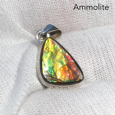 Ammolite Pendant | Freeform Cabochon | Bright Green and Golden Orange Flash | Dragon Scale | 925 Sterling Silver | Opalised Fossil Ammonite | Canadian Gemstone | Genuine Gems from Crystal Heart Melbourne Australia since 1986