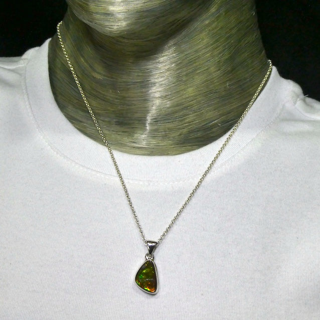Ammolite Pendant | Freeform Cabochon | Bright Green and Golden Orange Flash | Dragon Scale | 925 Sterling Silver | Opalised Fossil Ammonite | Canadian Gemstone | Genuine Gems from Crystal Heart Melbourne Australia since 1986