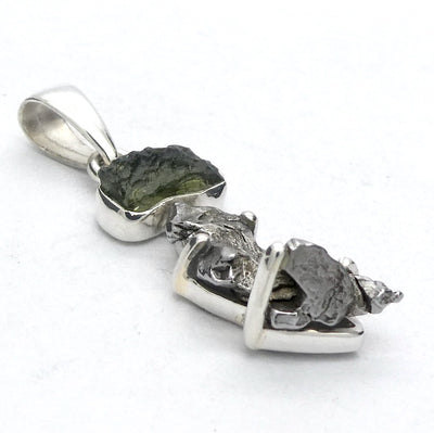Moldavite over Nickel Iron Meteorite Pendant | Campo de Cielo | Chechia | 925 Sterling Silver | Space | Universal tConnection | Melbourne Australia since 1986