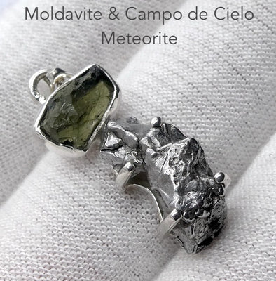 Moldavite over Nickel Iron Meteorite Pendant | Campo de Cielo | Chechia | 925 Sterling Silver | Space | Universal tConnection | Melbourne Australia since 1986
