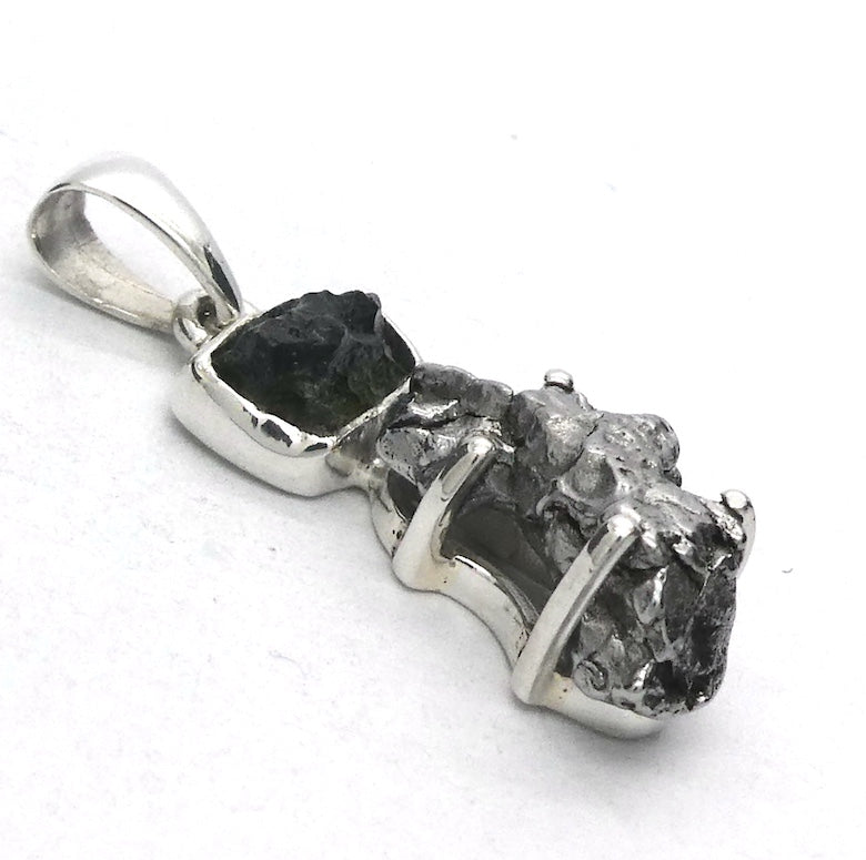 Moldavite over Nickel Iron Meteorite Pendant | Campo de Cielo | Chechia | 925 Sterling Silver | Space | Universal tConnection | Melbourne Australia since 1986