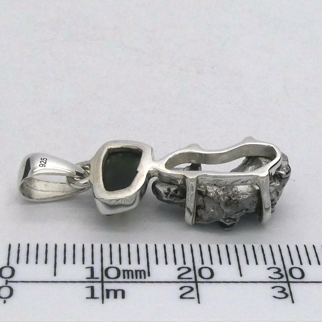Moldavite over Nickel Iron Meteorite Pendant | Campo de Cielo | Chechia | 925 Sterling Silver | Space | Universal tConnection | Melbourne Australia since 1986