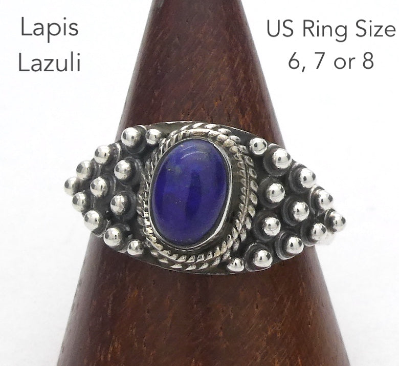 Lapis Lazuli Ring | Oval Cabochon | Sterling Silver | Gothic silver ball work |Meditation | Inner Truth | US Size 6, 7, 8 | Crystal Heart Melbourne  Oz est 1986