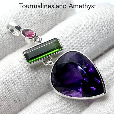 Amethyst and Tourmaline Pendant | 3 gorgeous stones | Fine 925 Sterling Silver  | Genuine Gems from Crystal Heart Melbourne Australia since 1986
