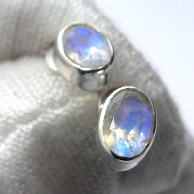 Moonstone Studs, Faceted Gemstones, 925 Sterling Silver