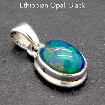 Black Opal Pendant | Ethiopian | Oval | Green Red Flashes | Simple Bezel Setting | Open Back | | 925 Silver | Genuine Gems from Crystal Heart Australia 1986