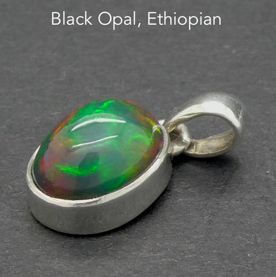 Black Opal Pendant | Ethiopian | Oval | Green Red Flashes | Simple Bezel Setting | Open Back | | 925 Silver | Genuine Gems from Crystal Heart Australia 1986