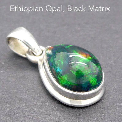 Black Opal Pendant | Ethiopian | Teardrop | Green Red Flashes | Simple Bezel Setting | Open Back | | 925 Silver | Genuine Gems from Crystal Heart Australia 1986