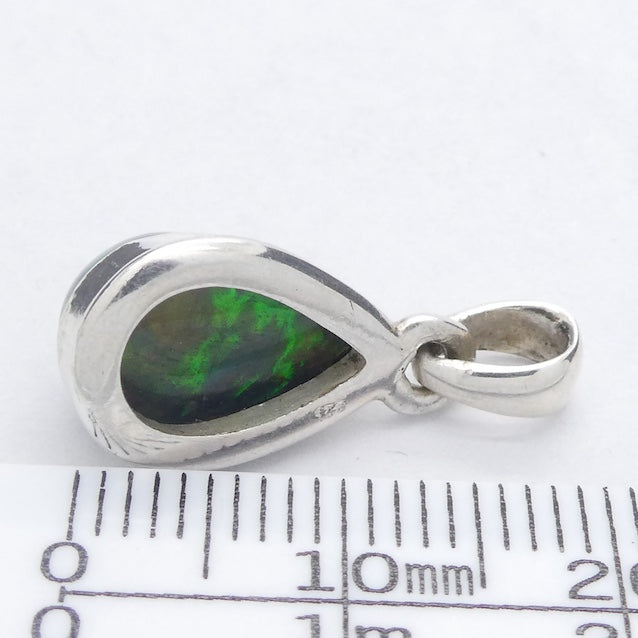 Black Opal Pendant | Ethiopian | Teardrop | Green Red Flashes | Simple Bezel Setting | Open Back | | 925 Silver | Genuine Gems from Crystal Heart Australia 1986
