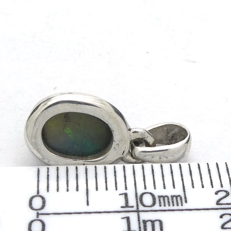 Black Opal Pendant | Ethiopian | Oval | Green Red Flashes | Simple Bezel Setting | Open Back | | 925 Silver | Genuine Gems from Crystal Heart Australia 1986