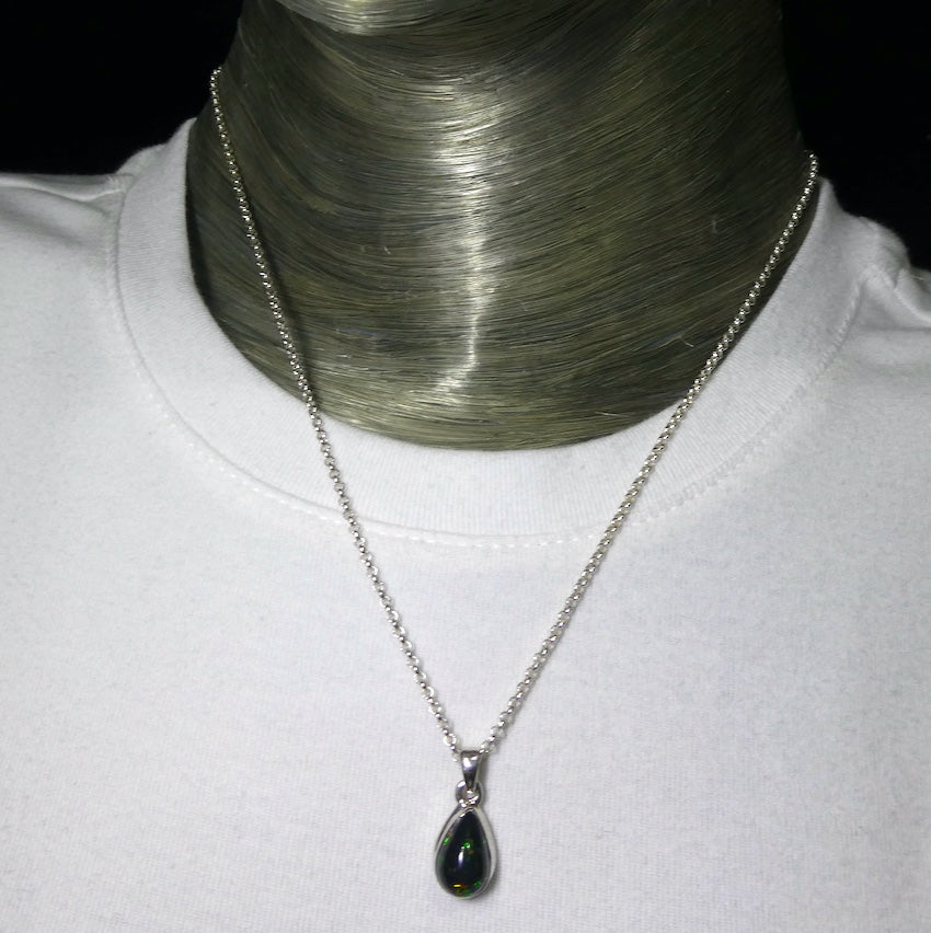 Black Opal Pendant | Ethiopian | Teardrop | Green Red Flashes | Simple Bezel Setting | Open Back | | 925 Silver | Genuine Gems from Crystal Heart Australia 1986
