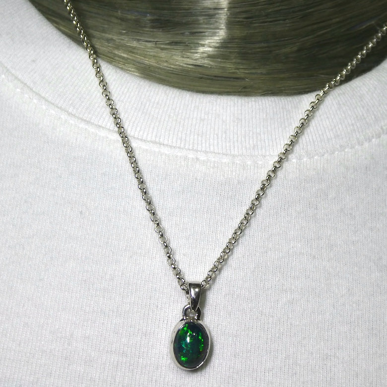 Ethiopian Black Opal Pendant, Oval Cabochon, 925 Sterling Silver