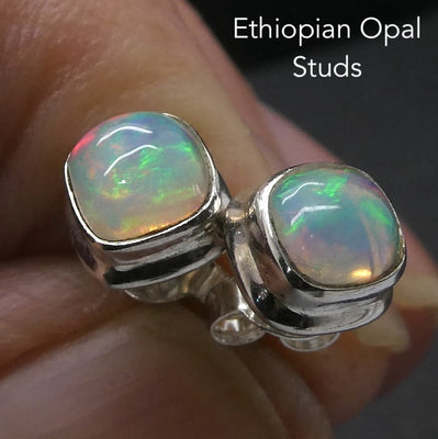 Ethiopian Opal Stud Earring | 6.5 mm Squares | good colour flash | 925 Sterling Silver | Genuine Gems from Crystal Heart Australia since 1986