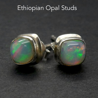 Ethiopian Opal Stud Earring | 6.5 mm Squares | good colour flash | 925 Sterling Silver | Genuine Gems from Crystal Heart Australia since 1986