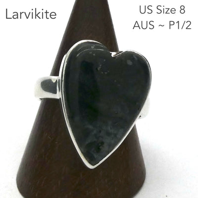 Larvikite Ring | Heart | 925 Sterling Silver | US Size 8 | AUS Size P1/2  | Psychic Abilities | Grounding & Cleansing  | Crystal Heart Melbourne est 1986