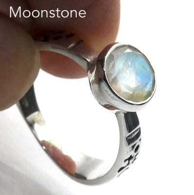 Moonstone Ring, Faceted Round, Stylised Band, 925 Silver