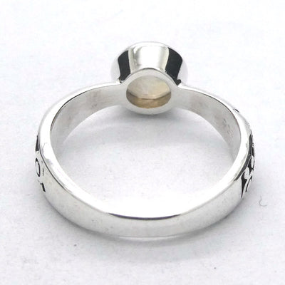 Moonstone Ring, Faceted Round, Stylised Band, 925 Silver
