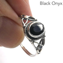 Load image into Gallery viewer, Dainty Black Onyx Ring  Faceted Oval | 925 Sterling silver | Silver Flower | US size 5,6,7,8,9, 10 | Crystal Heart Melbourne Australia since 1986