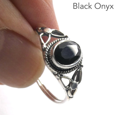 Dainty Black Onyx Ring  Faceted Oval | 925 Sterling silver | Silver Flower | US size 5,6,7,8,9, 10 | Crystal Heart Melbourne Australia since 1986