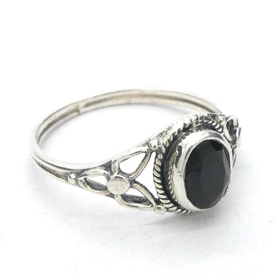 Dainty Black Onyx Ring  Faceted Oval | 925 Sterling silver | Silver Flower | US size 5,6,7,8,9, 10 | Crystal Heart Melbourne Australia since 1986