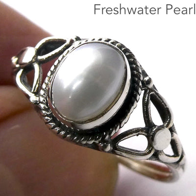 Freshwater Pearl Ring |  925 Sterling  | Rope work & Celtic Flower  | US size 5 | 6 | 7 | 8 | 9 | 10 | Gemini  Cancer Stone | Crystal Heart Melbourne est 1986