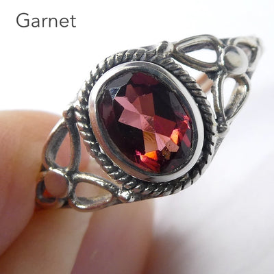 Garnet Ring | Faceted Oval | 925 Sterling  | Rope work & Celtic Flower  | US size 5 | 6 | 7 | 8 | 9 | 10 | Leo Virgo Stone | Crystal Heart Melbourne est 1986
