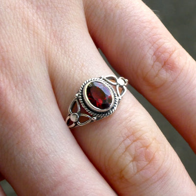 Garnet Ring | Faceted Oval | 925 Sterling  | Rope work & Celtic Flower  | US size 5 | 6 | 7 | 8 | 9 | 10 | Leo Virgo Stone | Crystal Heart Melbourne est 1986