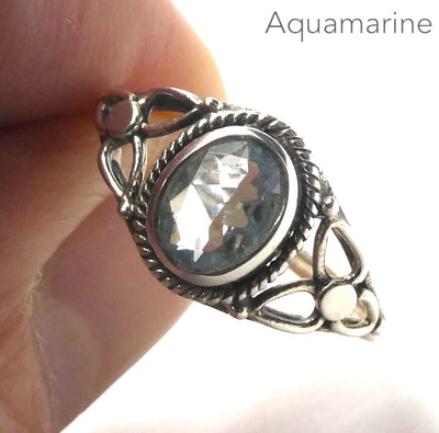 Aquamarine Ring, Faceted Oval, Celtic Flower, 925 Sterling Silver