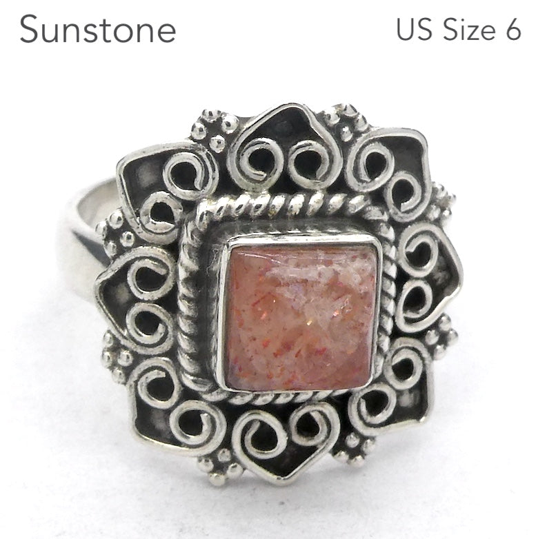 Sunstone Ring | Sparkly Square Cabochon | 925 Sterling Silver  | Ornate Border  | US Size 7 | Positive  emotions | Genuine Gems from Crystal Heart Melbourne est 1986