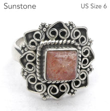 Load image into Gallery viewer, Sunstone Ring | Sparkly Square Cabochon | 925 Sterling Silver  | Ornate Border  | US Size 7 | Positive  emotions | Genuine Gems from Crystal Heart Melbourne est 1986