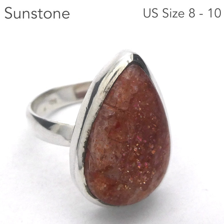 Sunstone Ring | Sparkly Teardrop Cabochon | 925 Sterling Silver | Ornate Border | US Size 8 to 10 | Positive  emotions | Genuinegems Crystal Heart Melbourne est 1986