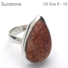 Load image into Gallery viewer, Sunstone Ring | Sparkly Teardrop Cabochon | 925 Sterling Silver | Ornate Border | US Size 8 to 10 | Positive  emotions | Genuinegems Crystal Heart Melbourne est 1986