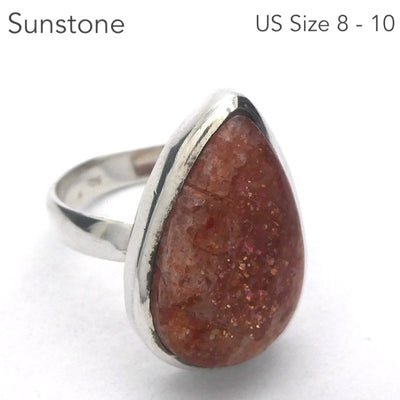 Sunstone Ring | Sparkly Teardrop Cabochon | 925 Sterling Silver | Ornate Border | US Size 8 to 10 | Positive  emotions | Genuinegems Crystal Heart Melbourne est 1986