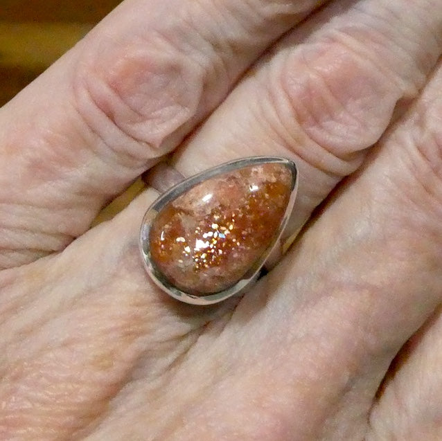 Sunstone Ring | Sparkly Teardrop Cabochon | 925 Sterling Silver | Ornate Border | US Size 8 to 10 | Positive  emotions | Genuinegems Crystal Heart Melbourne est 1986