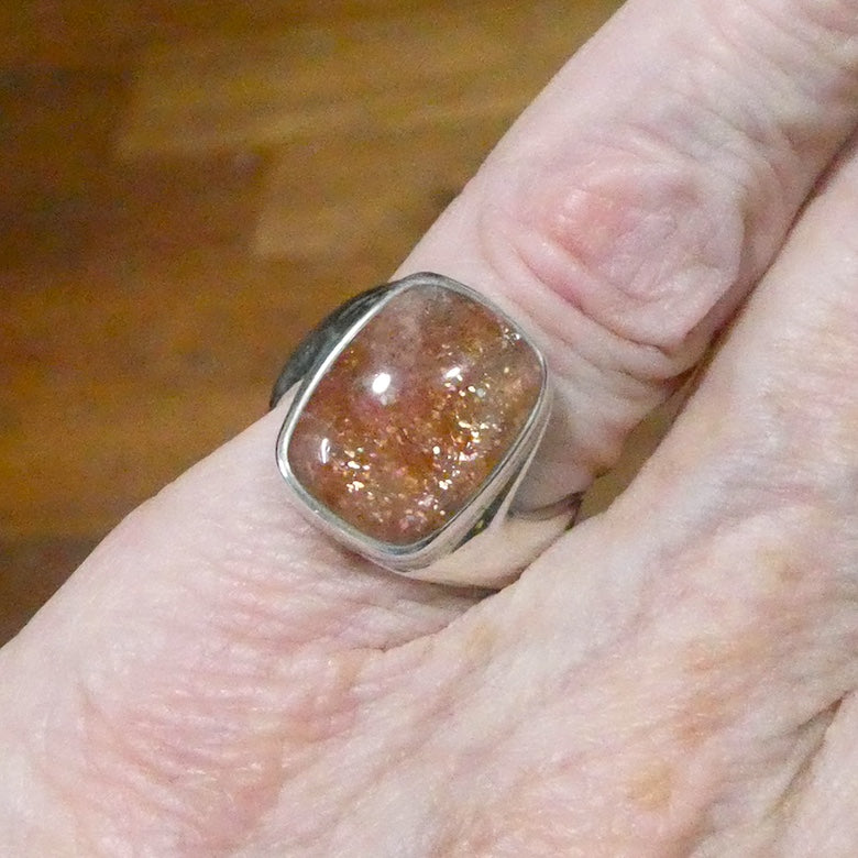 Sunstone Ring | Sparkly Oblong Cabochon | 925 Sterling Silver | Thick Asymetric Band | US Size 6.5| Positive emotions | Genuine gems Crystal Heart Melbourne 1986