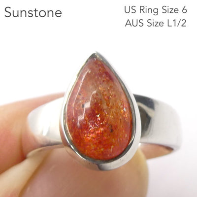 Sunstone Ring, Teardrop Cabochon, 925 Sterling Silver,  r5