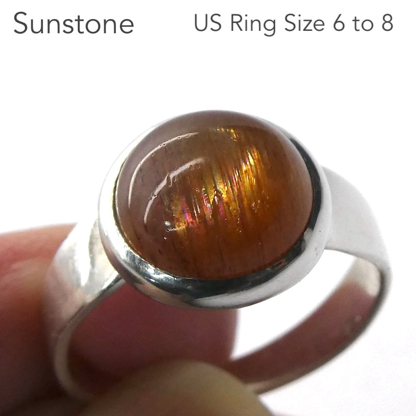 Sunstone Ring | Sparkly RoundCabochon | 925 Sterling Silver | US Size 6 to 8 | Positive emotions | Genuine gems Crystal Heart Melbourne 1986
