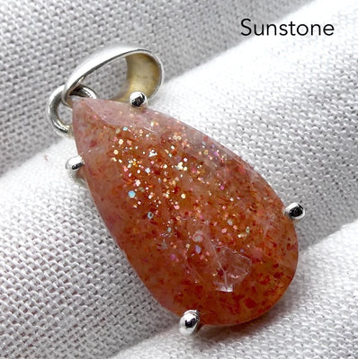 Sunstone Pendant | Faceted Teardrop | Rainbow Sunflakes | 925 Sterling Silver | Leo Stone | Positive emotions | Genuine gems Crystal Heart Melbourne Australia  since 1986