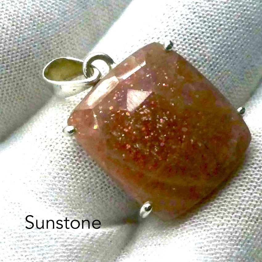 sunstone Pendant | Faceted Square | Rainbow Sunflakes | 925 Sterling Silver | Leo Stone | Positive emotions | Genuine gems Crystal Heart Melbourne Australia  since 1986