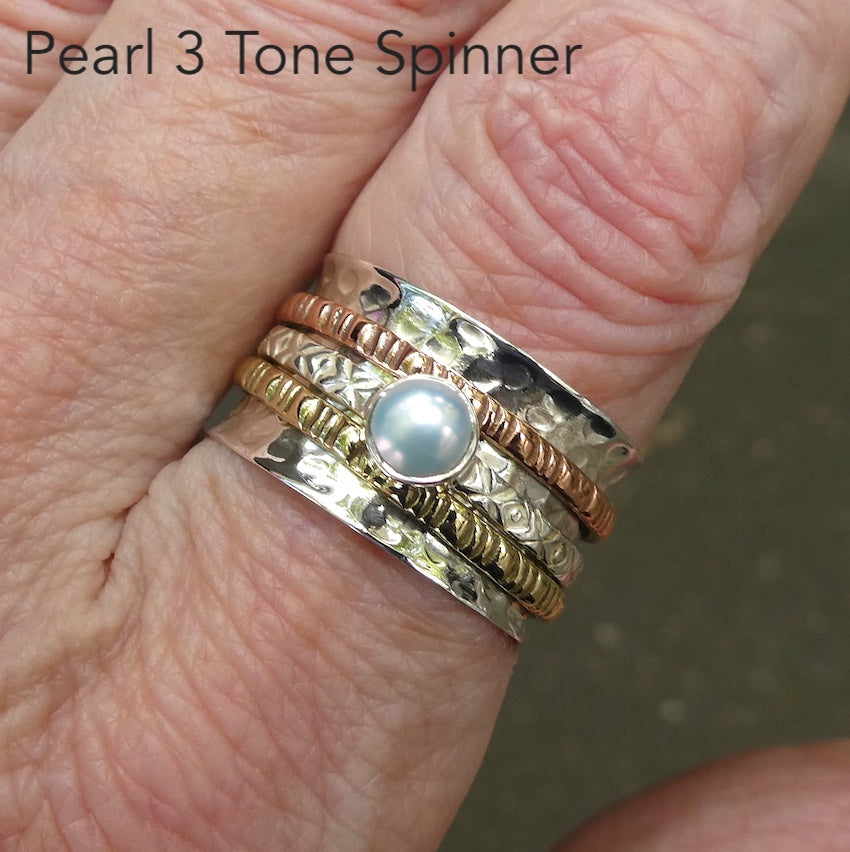Hammered Silver Ring with Spinning 3 tone band & Freshwater Pearl | 925 Sterling Silver | Crystal Heart Melbourne Australia since 1986