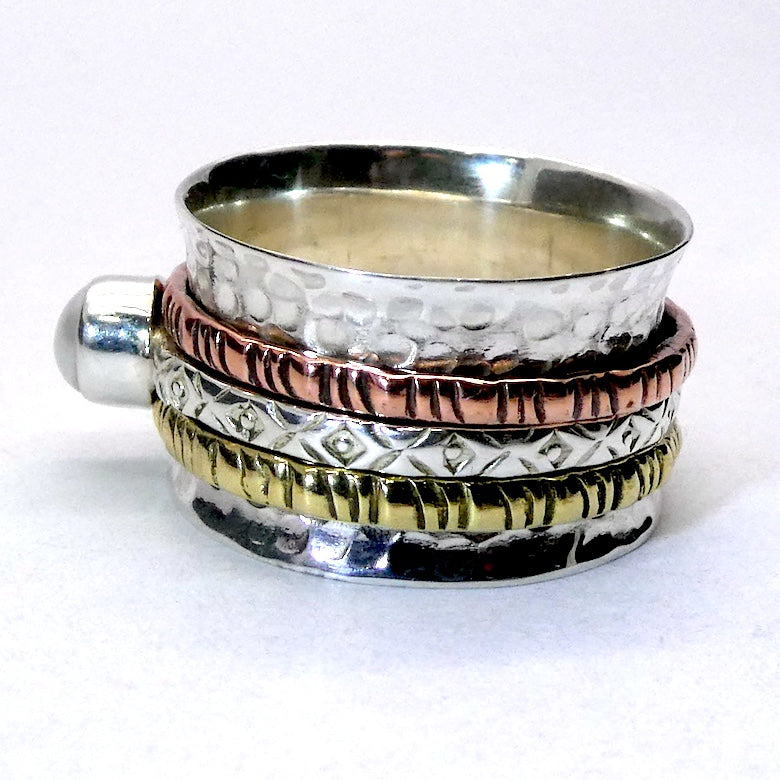Hammered Silver Ring with Spinning 3 tone band & Freshwater Pearl | 925 Sterling Silver | Crystal Heart Melbourne Australia since 1986