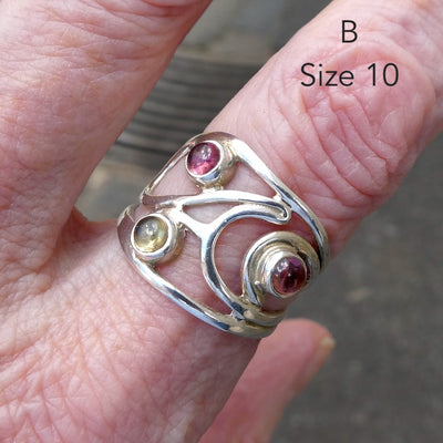 Tourmaline Ring | 3 round Cabs | Pink | Yellow Green Gold | 925 Silver Swirls | US size 8.5 | 10 | Genuine Gems from Crystal Heart Melbourne since 1986