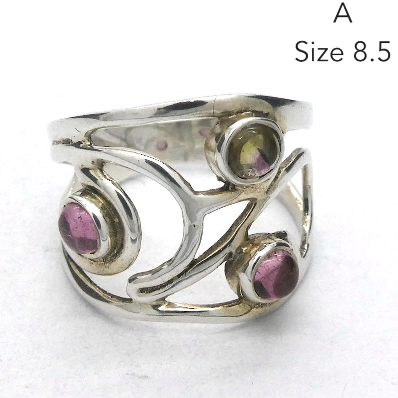 Tourmaline Ring | 3 round Cabs | Pink | Yellow Green Gold | 925 Silver Swirls | US size 8.5 | 10 | Genuine Gems from Crystal Heart Melbourne since 1986