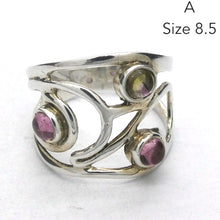 Load image into Gallery viewer, Tourmaline Ring | 3 round Cabs | Pink | Yellow Green Gold | 925 Silver Swirls | US size 8.5 | 10 | Genuine Gems from Crystal Heart Melbourne since 1986